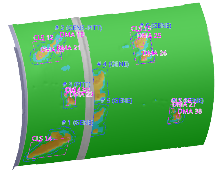 Überlagerung von äußeren Korrosionsmustern, die mit 3D-Scanning erfasst und mit ILI-Daten korreliert wurden, die möglicherweise hinsichtlich der Position verschoben sind. Drei Muster zeigen kritische Zustände an.