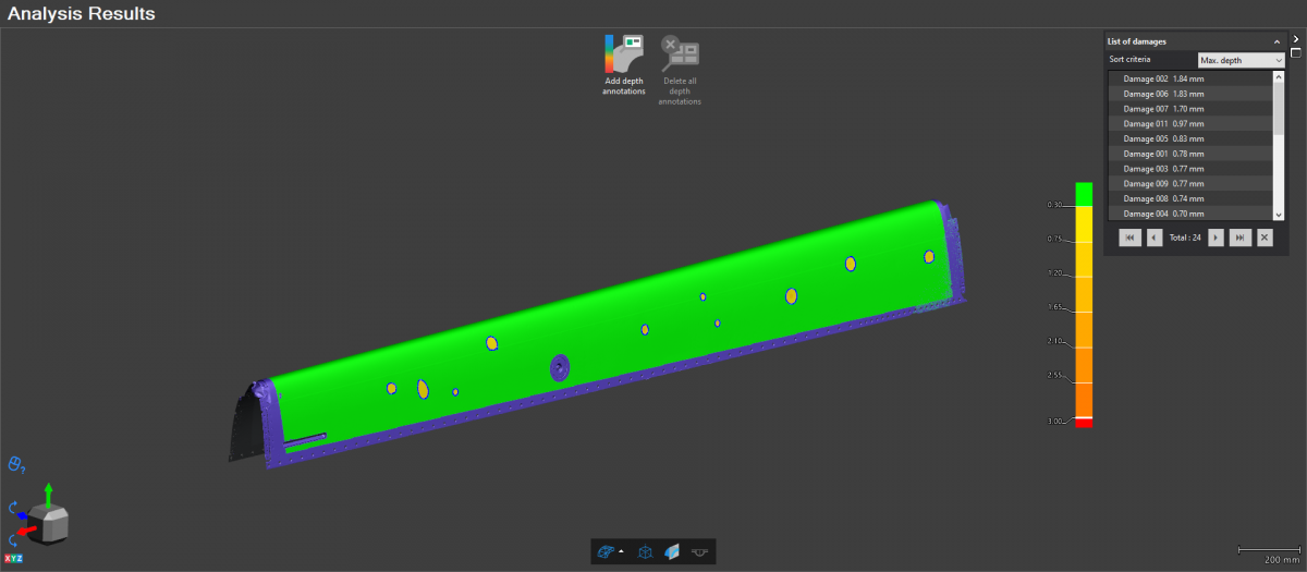 Erfassung von Dellen an der Vorderkante des Flugzeugs mit VXintegrity. 